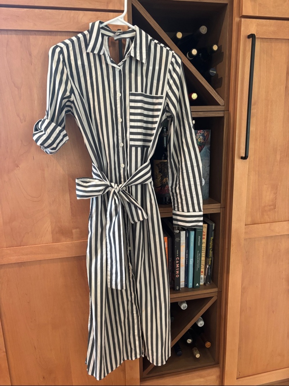 Who What Wear Black and White Vertical Stripe Shirt Dress with Tie Waist
